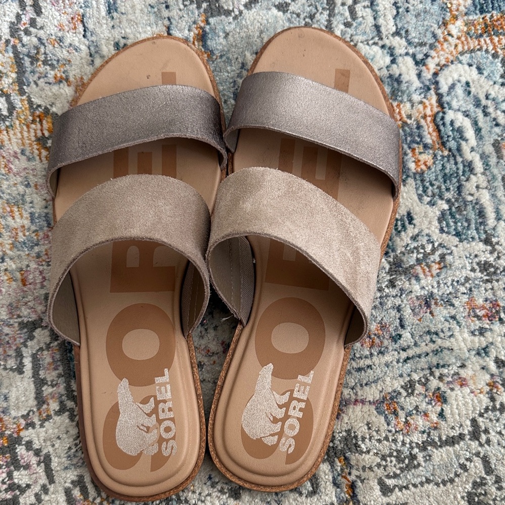 Sorel Metallic and Beige Slide Sandals